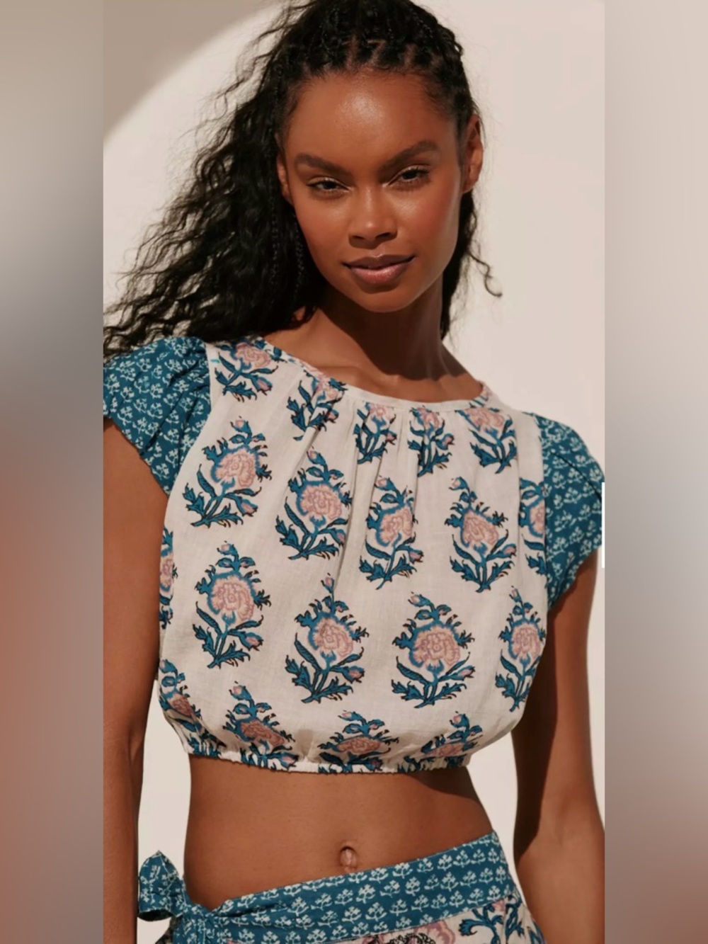 Anthropologie Celandine short-sleeve tie-back crop top sz M floral boho